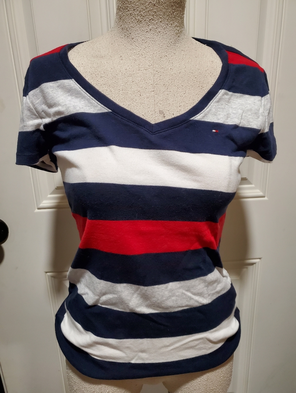 Tommy Hilfiger Women's Navy White Red Striped V-Neck Tee